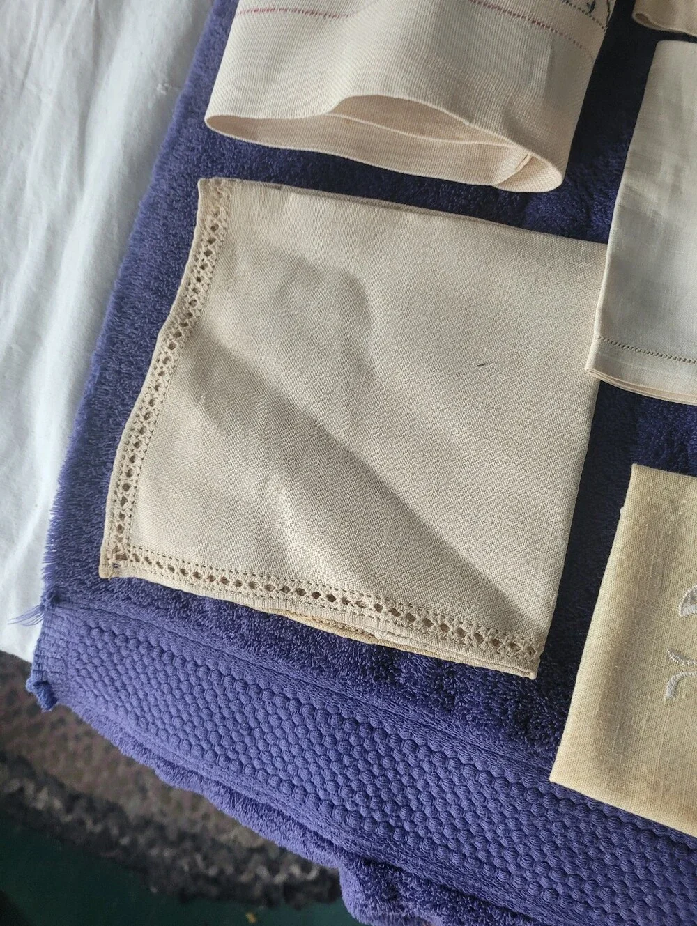 Source Unknown Cream and Blue Vintage Embroidered Table Linens Lot